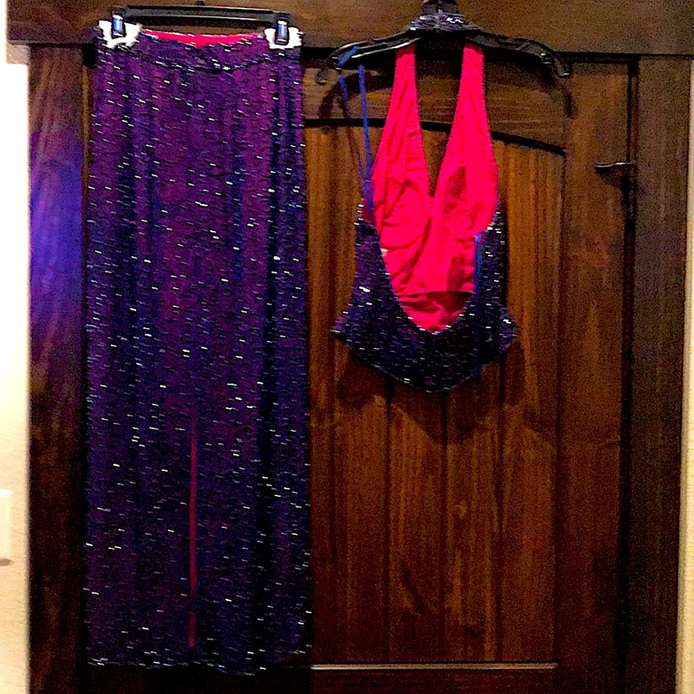 Cache vintage evening long skirt sets | haltered silk grapevines beaded